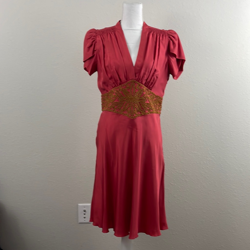 Nwt, 2b.Rych, Dress With Gold Embroidery Design On Waist. 100% Silk.